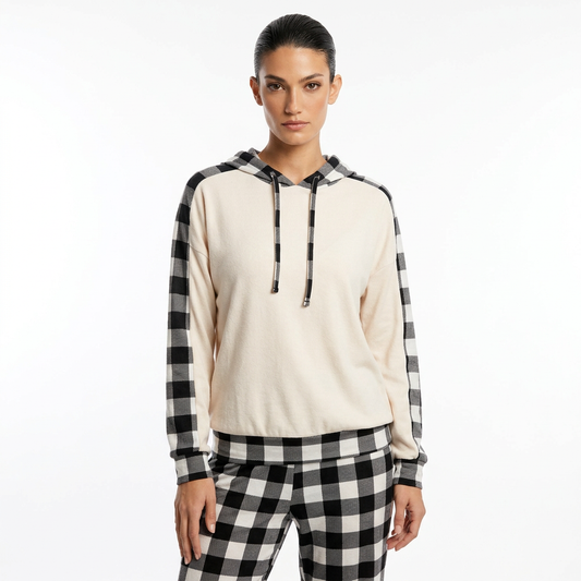 Amara Women's Lounge Set | Drawstring Hooded Top, Plaid Pants