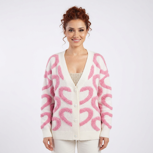 Cora Women's Cardigan | Textured Heart Print, Heart-Shaped Buttons