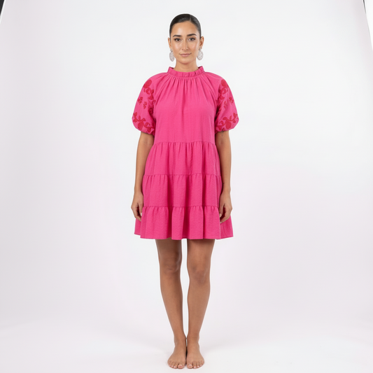 Elora Women's Mini Dress | Embroidered Tiered Puff Sleeve, Romantic