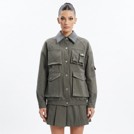 Veste cargo pour femmes Demi | Tissu à fines rayures, col contrasté tissé