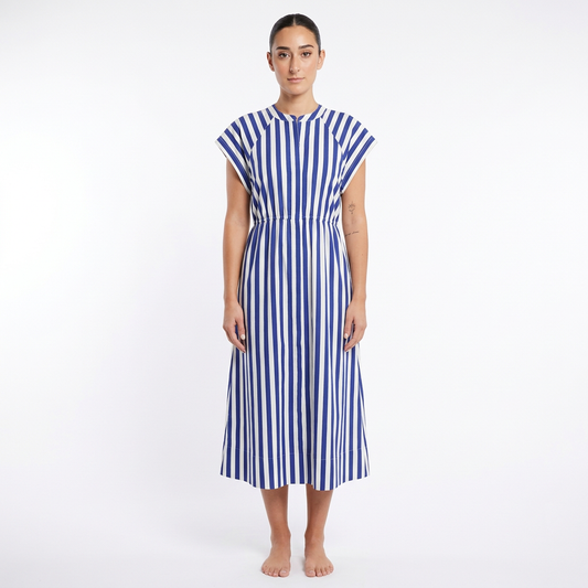 Ursa Women's Midi Dress | Striped Button-Front, Ruffled Detail