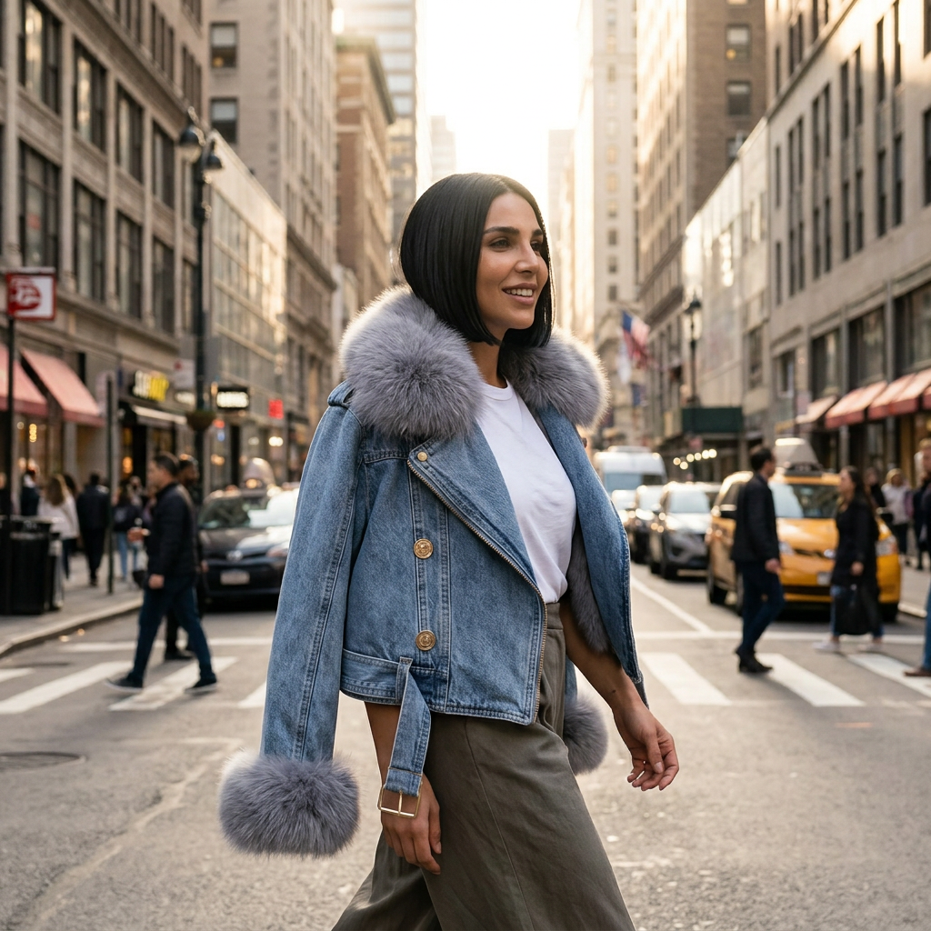 Nina Women's Denim Jacket | Faux Fur Collar, Warm Parka