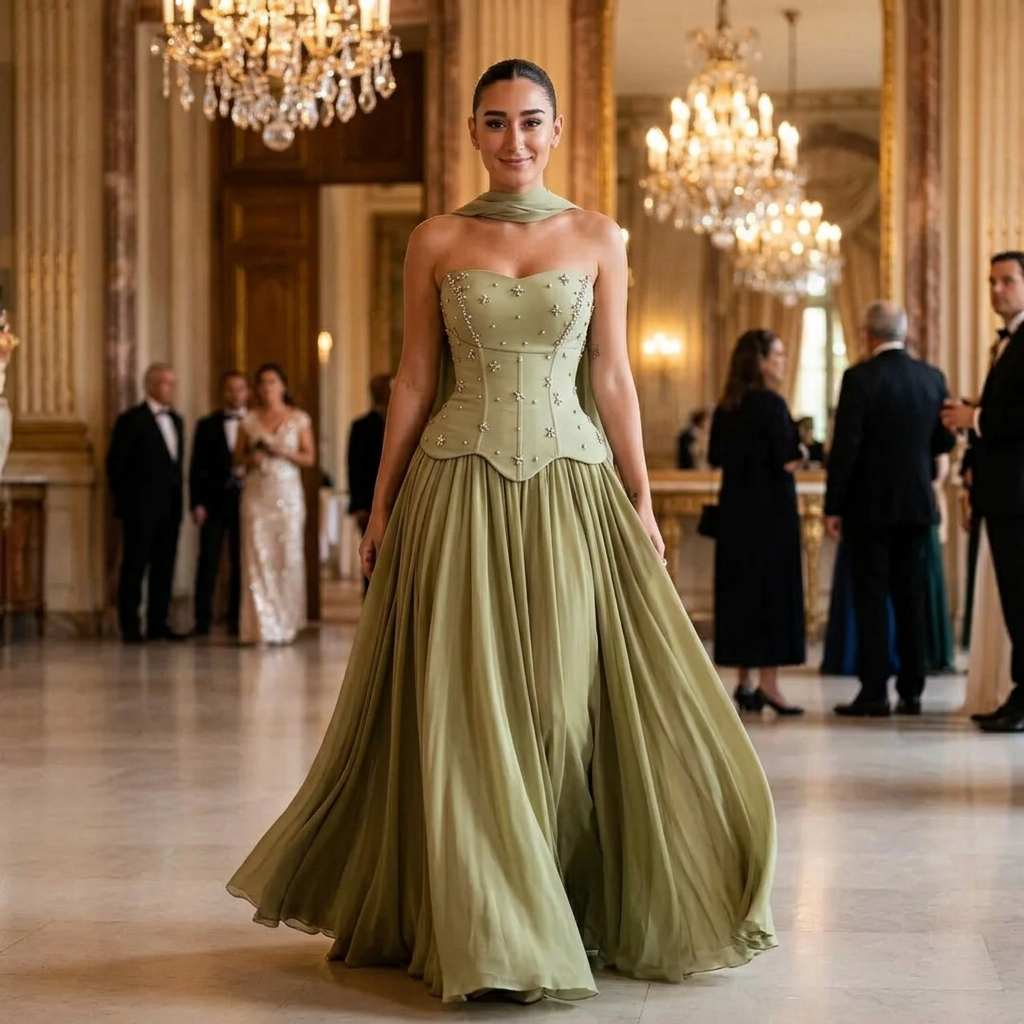 Celeste Women's Evening Gown | Crystal Embellished Corset, Flowing Cape Skirt