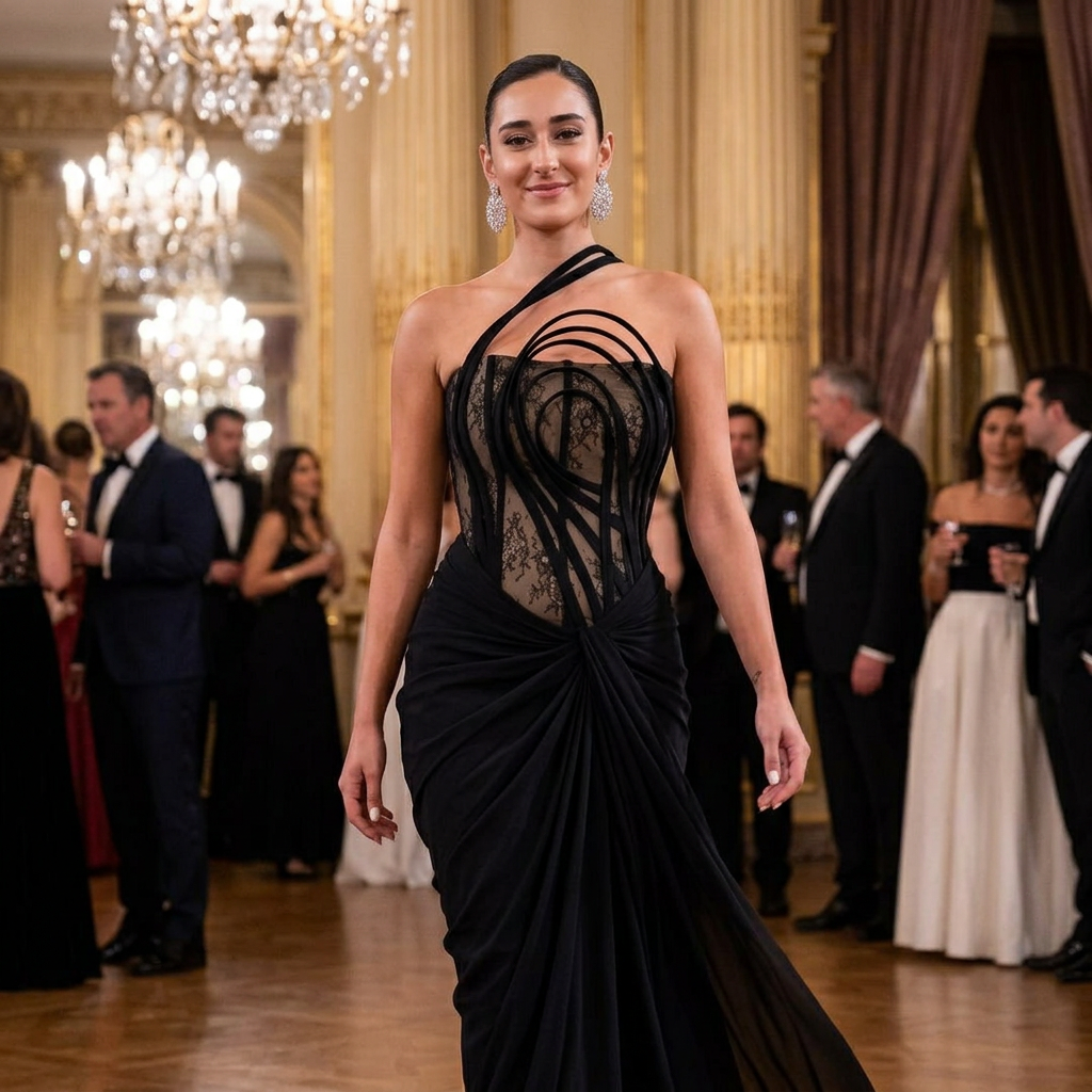 Aria Women's Evening Gown | Sheer Lace Corset Bodice, Draped Train Skirt