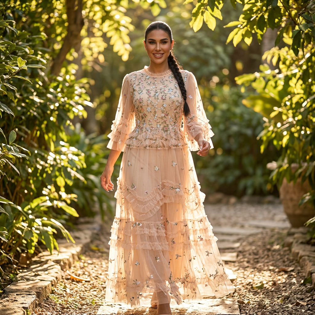 Linden Rina Women's Midi Dress | Embroidered Floral Ruffles, Elegant Summer Cocktail