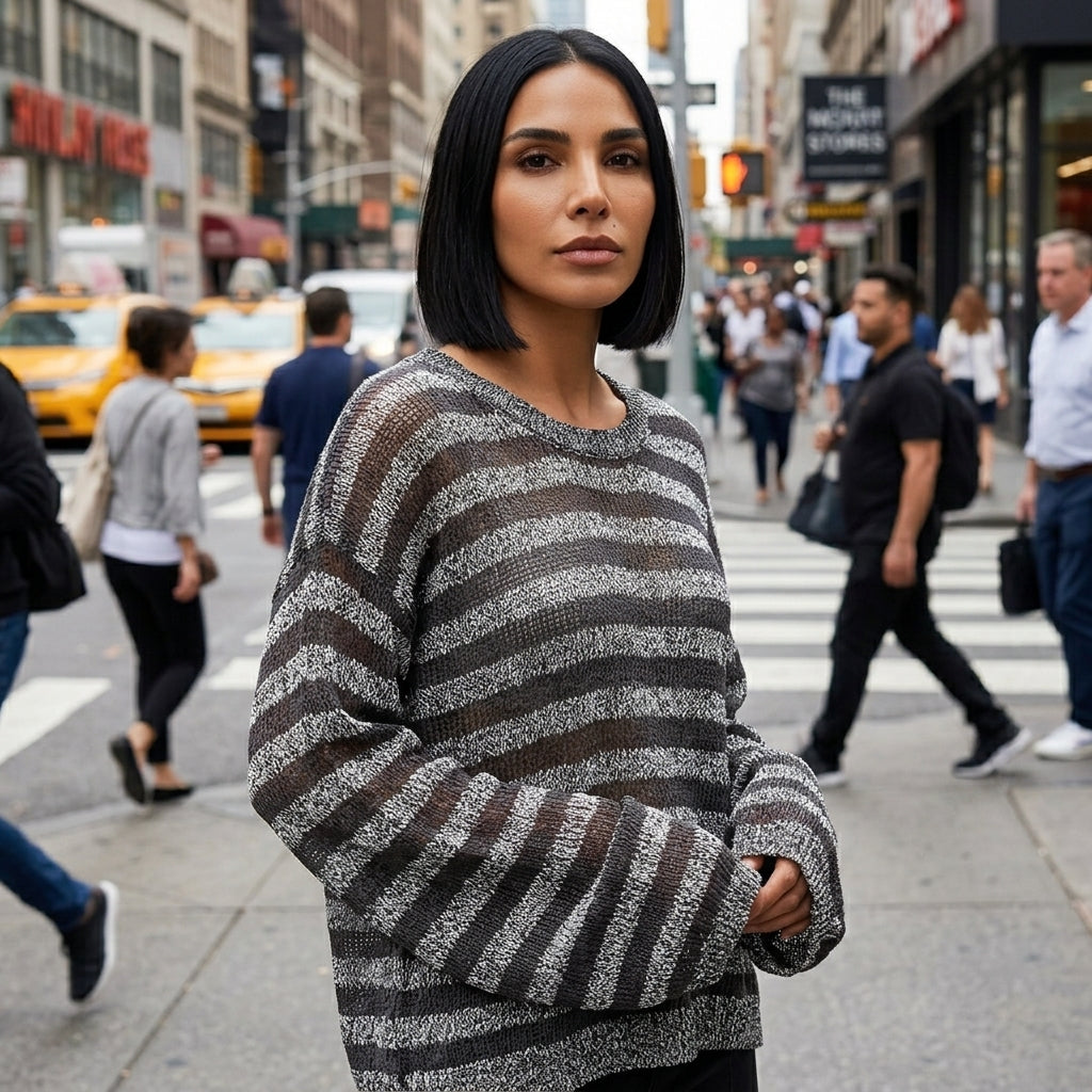 Top de suéter de punto para mujer Stevie | Patrón de rayas transparentes, escote en V