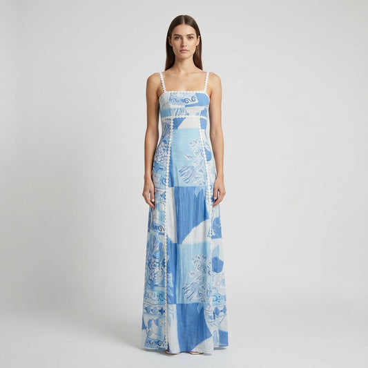 Marina Women's Maxi Dress | Blue Patchwork Print, Scallop Trim Straps