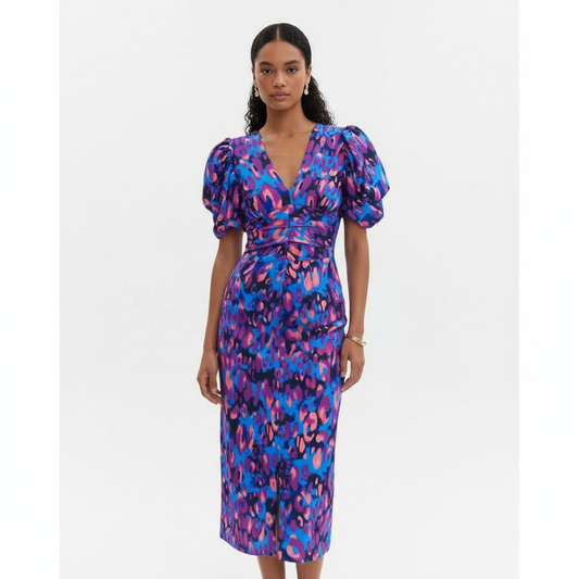 Bella Women's Midi Dress | Elegant Satin, Puff Sleeve, Summer Dress