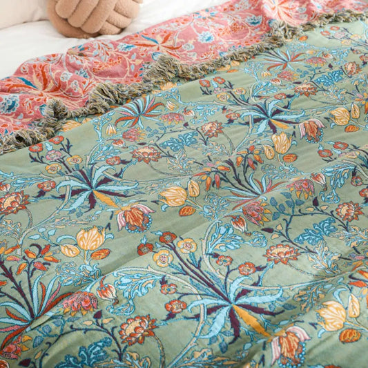 Greenery Floral Cotton Tassel Blanket