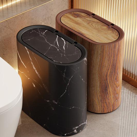 Modern Marble Pattern Trash Can with Lid – Stylish Oval Kitchen and Bathroom Garbage Bin 1