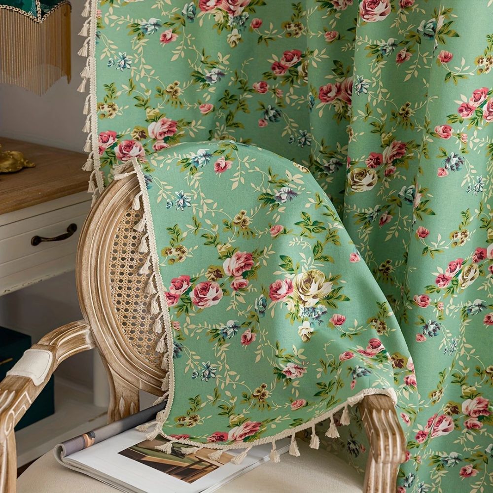 Pastoral Green Rose Tassel Curtain | Semi-Sheer, Room Divider