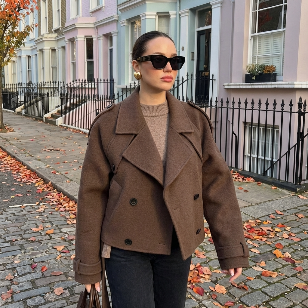 Elara Women's Cropped Trench Coat | Wool Blend Fabric, Double-Breasted Button Front