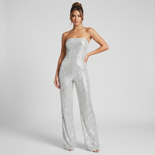 Elara Women's Strapless Sequin Jumpsuit | 95% Polyester 5% Spandex, Elegant Wide Leg