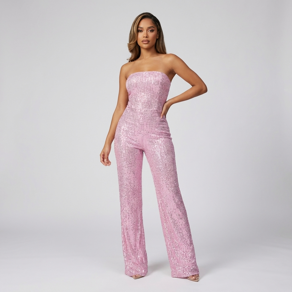 Combinaison Bustier Pailletée pour Femme Elara | 95% Polyester 5% Spandex, Pantalon Large Élégant