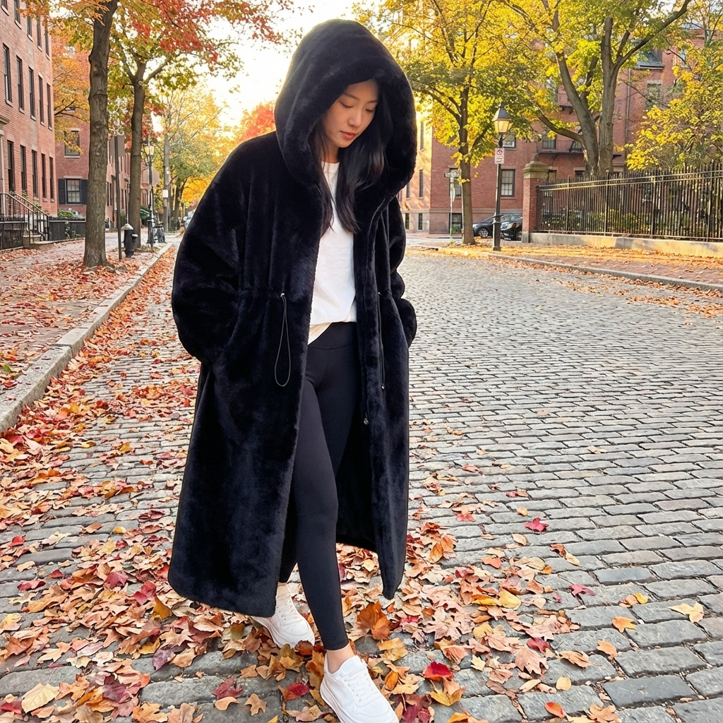 Eirene Women’s Hooded Long Coat | Zip Closure, Faux Fur Texture