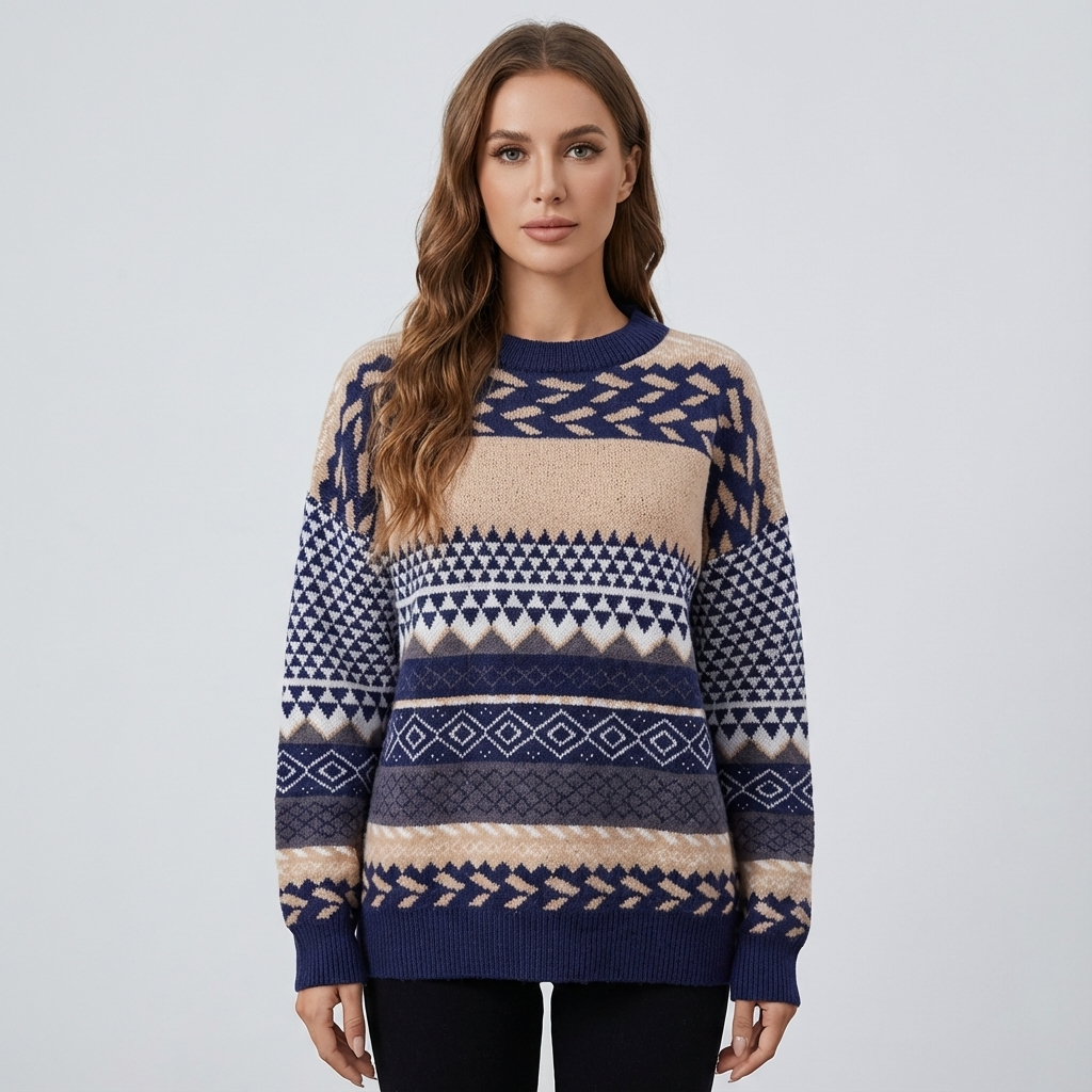 Zavira Women’s Knit Sweater | Nordic Pattern, Crew Neck