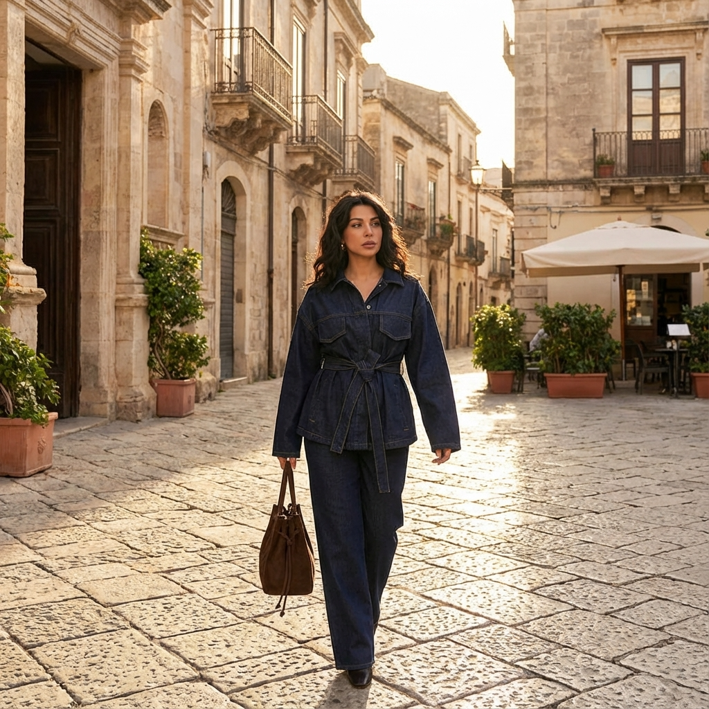 Marisol Women’s Denim Set | Belted Jacket, Wide-Leg Pants