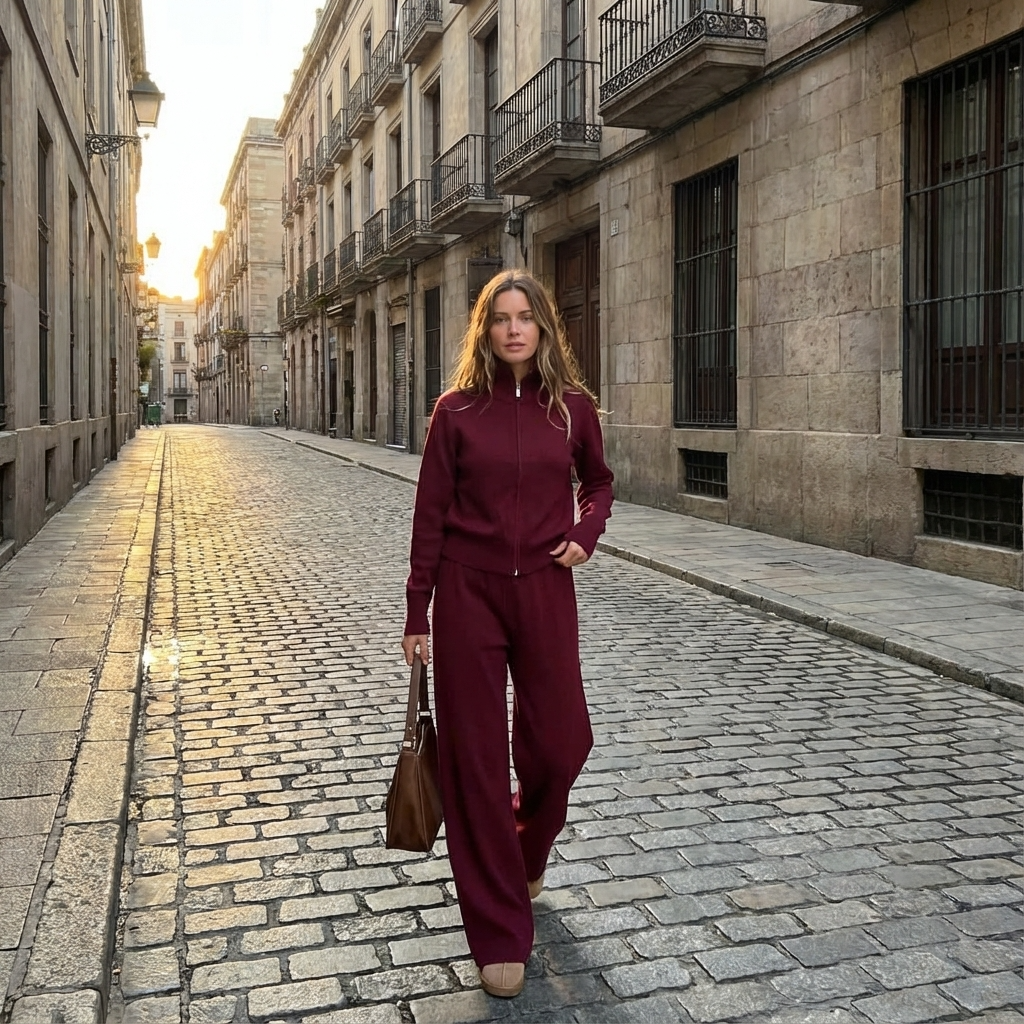 Elena Women’s Knit Set | Stand-Collar Jacket, Pleated Trousers