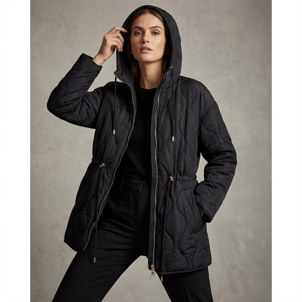 Chaqueta acolchada con capucha para mujer Aurelia | Cintura con cordón, Cierre frontal