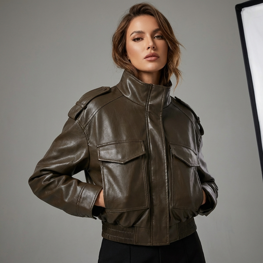 Amara Women’s Faux Leather Jacket | Stand Collar, Utility Pockets
