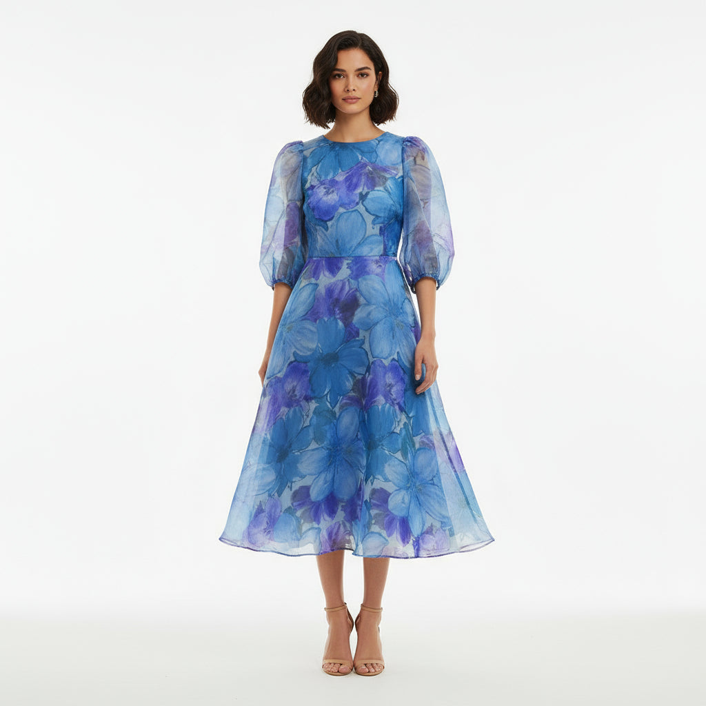 Grace Women's Midi Dress | Floral Print, Sheer Puff Sleeves