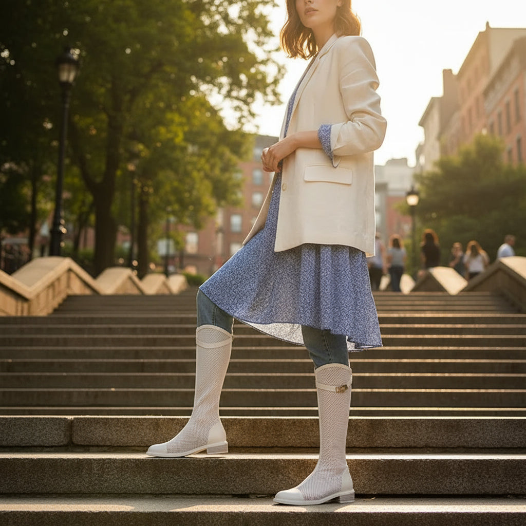 Breeze Women's Knee High Boots | Durable PU, Chic See-Through Design