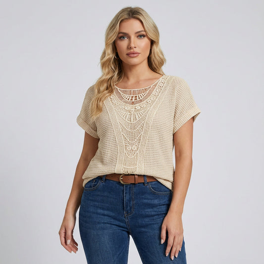 Top en Dentelle pour Femme Ella | Panneau de Dentelle à l'Avant, Manches Courtes