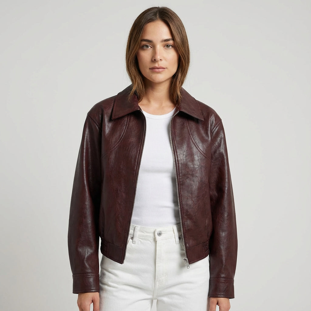 Onyx Marina Women’s Cropped Leather Jacket | Zip-Front Closure, Lapel Collar