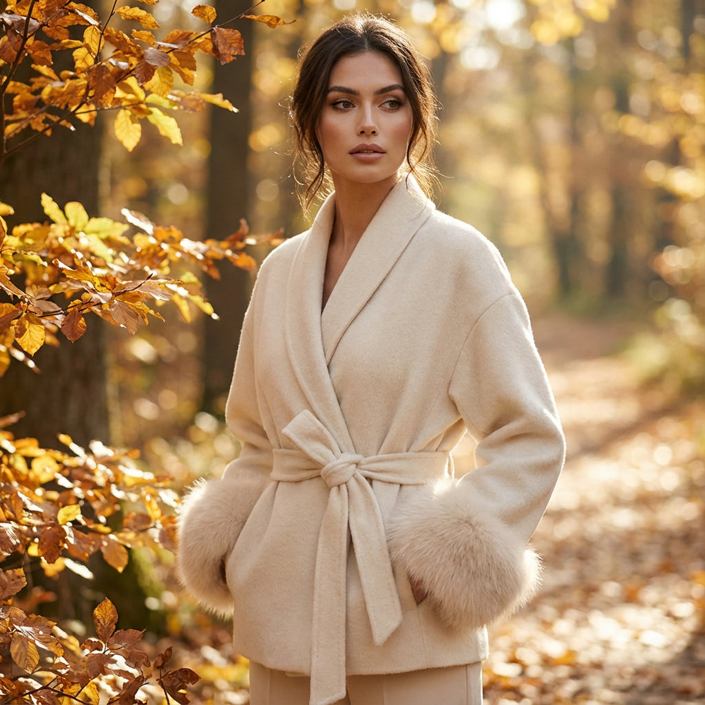 Aria Women’s Faux Fur Coat | Belted Waist, Fur-Trim Cuffs