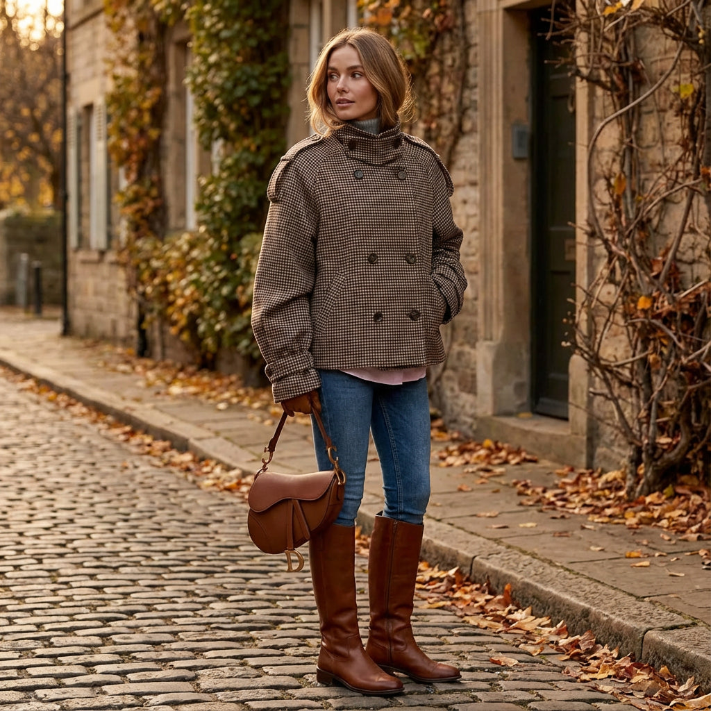 Abrigo Corto a Cuadros para Mujeres Marissa | Doble Botonadura, Cuello Alto