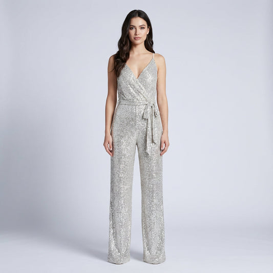 Celeste Women’s Sequin Jumpsuit | Surplice Neckline, Wide Leg