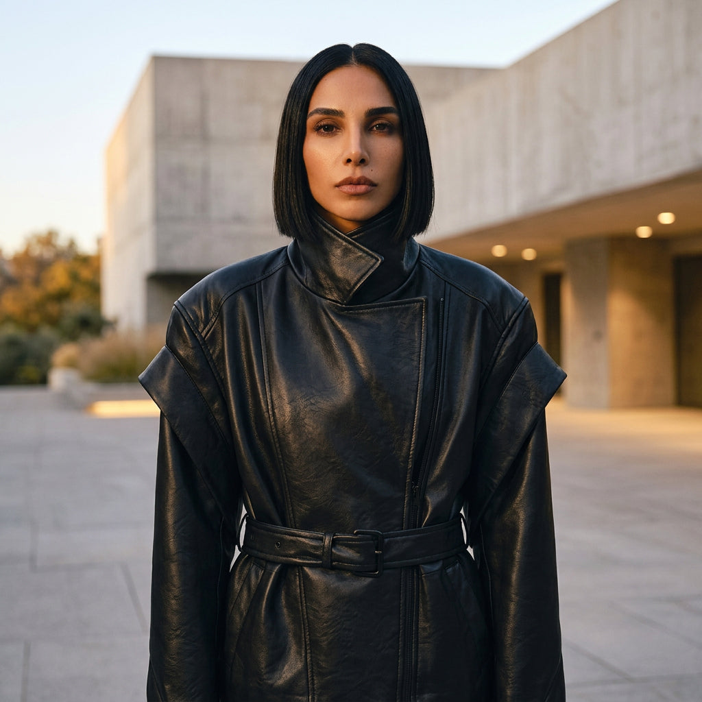 Nadia Women’s Vegan Leather Jacket | Double-Breasted, Waist Tie Belt
