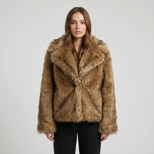 Vienna Women's Faux Fur Coat | Warm Caramel Brown Faux Fur, Wide Lapel Collar