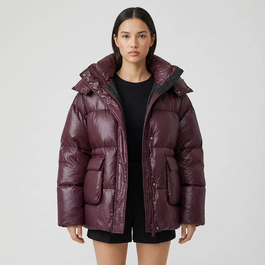 Veda Women's Oversized Puffer Jacket | Glossy Quilted Shell, Snap-Tab Hood