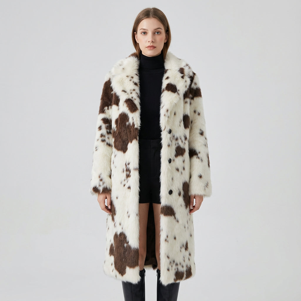 Nina Women's Faux Fur Coat | Cow Print, Winter Warmth