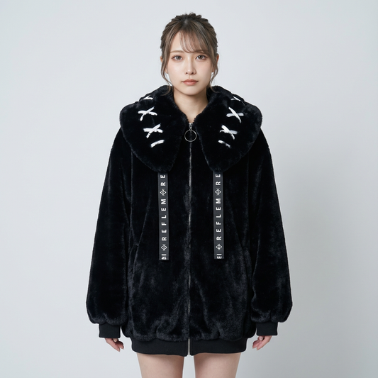 Neko Women's Faux Fur Hoodie Jacket | Bunny Ear Hood, Cross-Stitch Detail