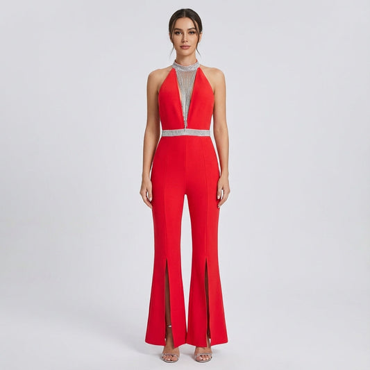 Clarissa Women's Jumpsuit | Crystal Fringe Halter Neck, Front Slit Flared Legs