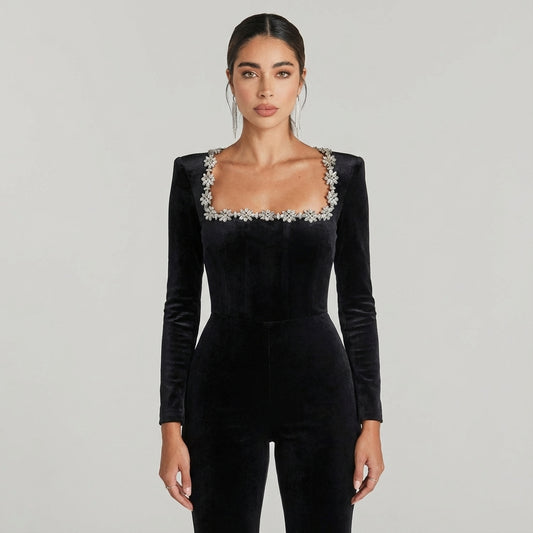 Emmeline Women's Diamond Detail Jumpsuit | Sparkling Neckline