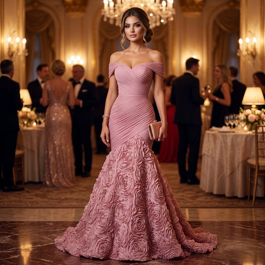 Holly Women's Formal Dress | Off-the-Shoulder, Handmade Flower Detail