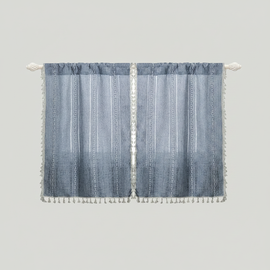 Boho cotton-linen kitchen curtain jacquard stripe - Blue