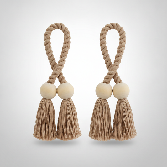 Oak Twist wooden bead tassel curtain tie-backs packshot