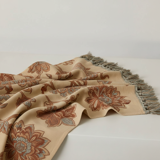 Orchid Trail Floral Cotton Tassel Bed Blanket - Cream Blossom