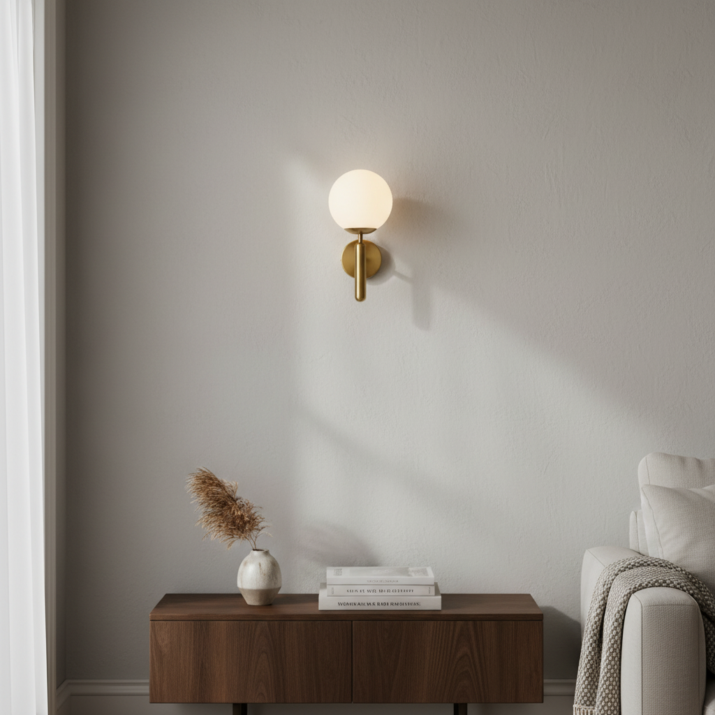 BrassElegance wall sconce - lifestyle, mounted on modern living room wall