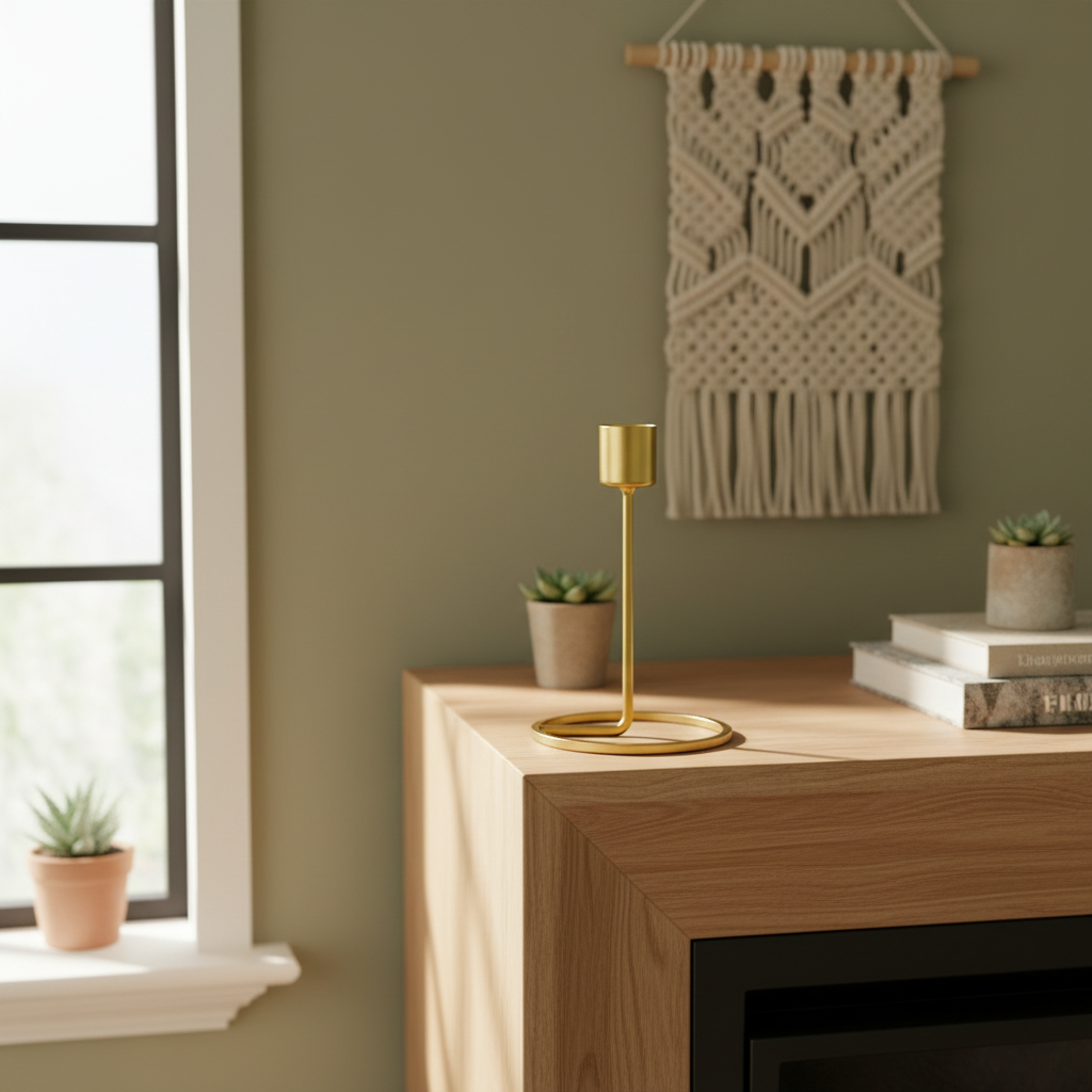 Golden Boho Metal Candle Holder styled on a console in a boho living room