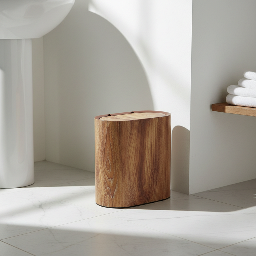 Modern Marble Trash Can placed in a clean modern bathroom corner