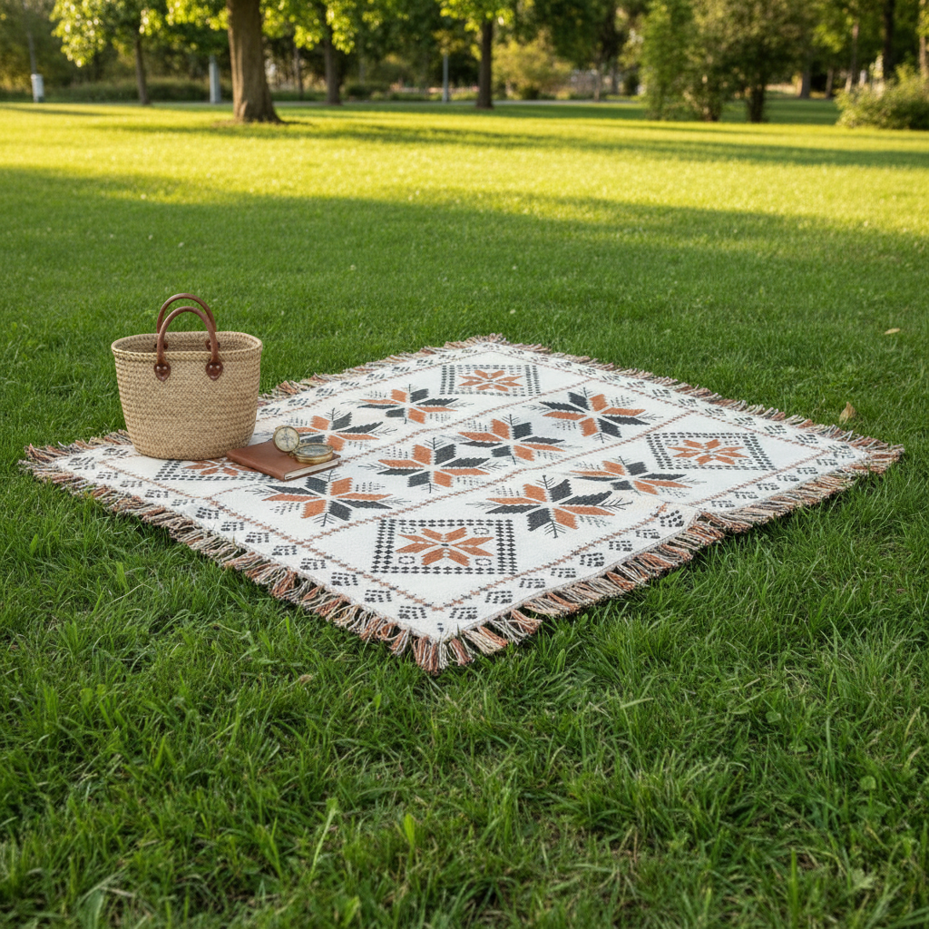 Moroccan Boho Pattern Picnic Mat spread on grass at a park