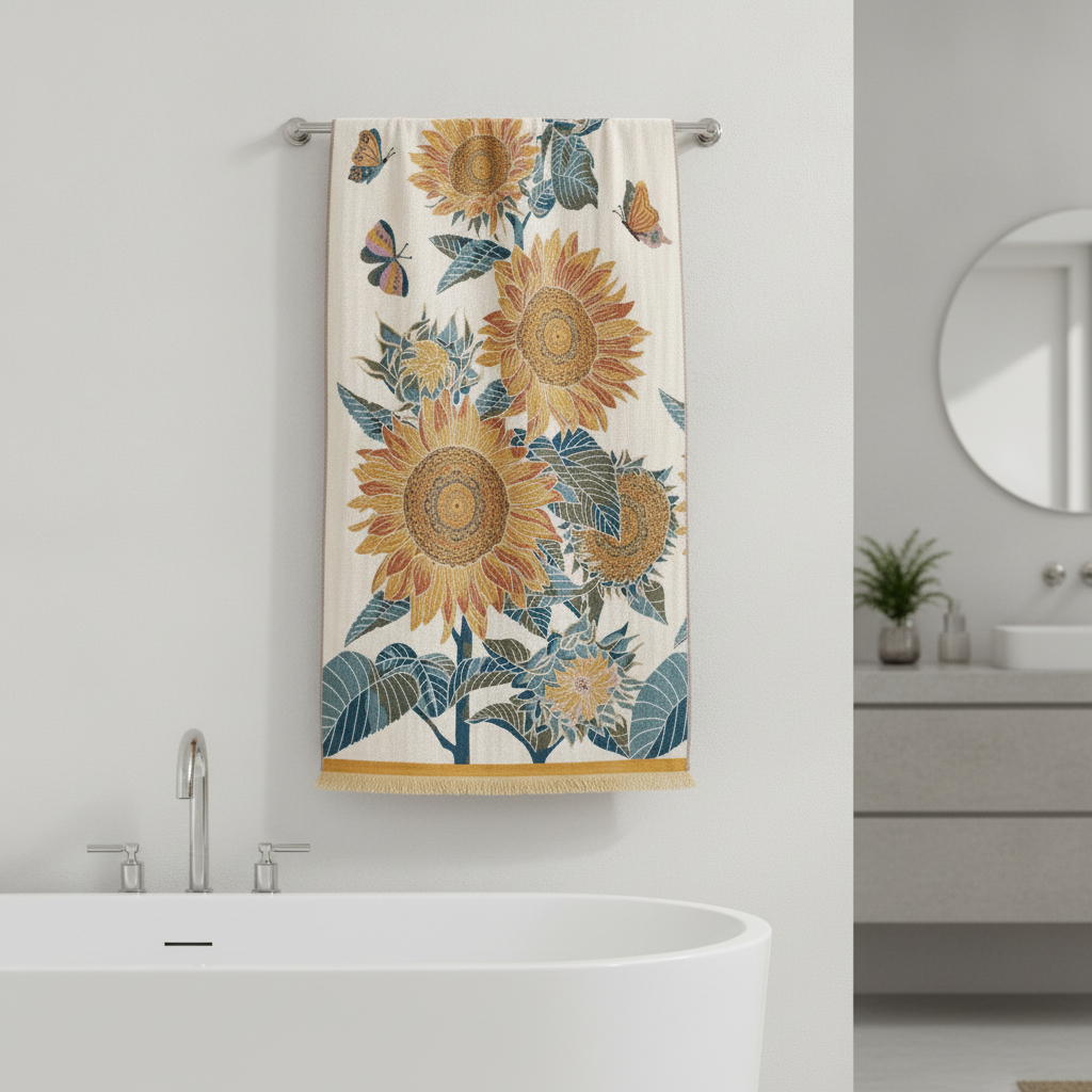 Sunflower jacquard cotton bath towel in modern bathroom