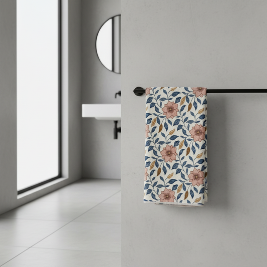 Floral leaf cotton gauze bath towel in a modern bathroom