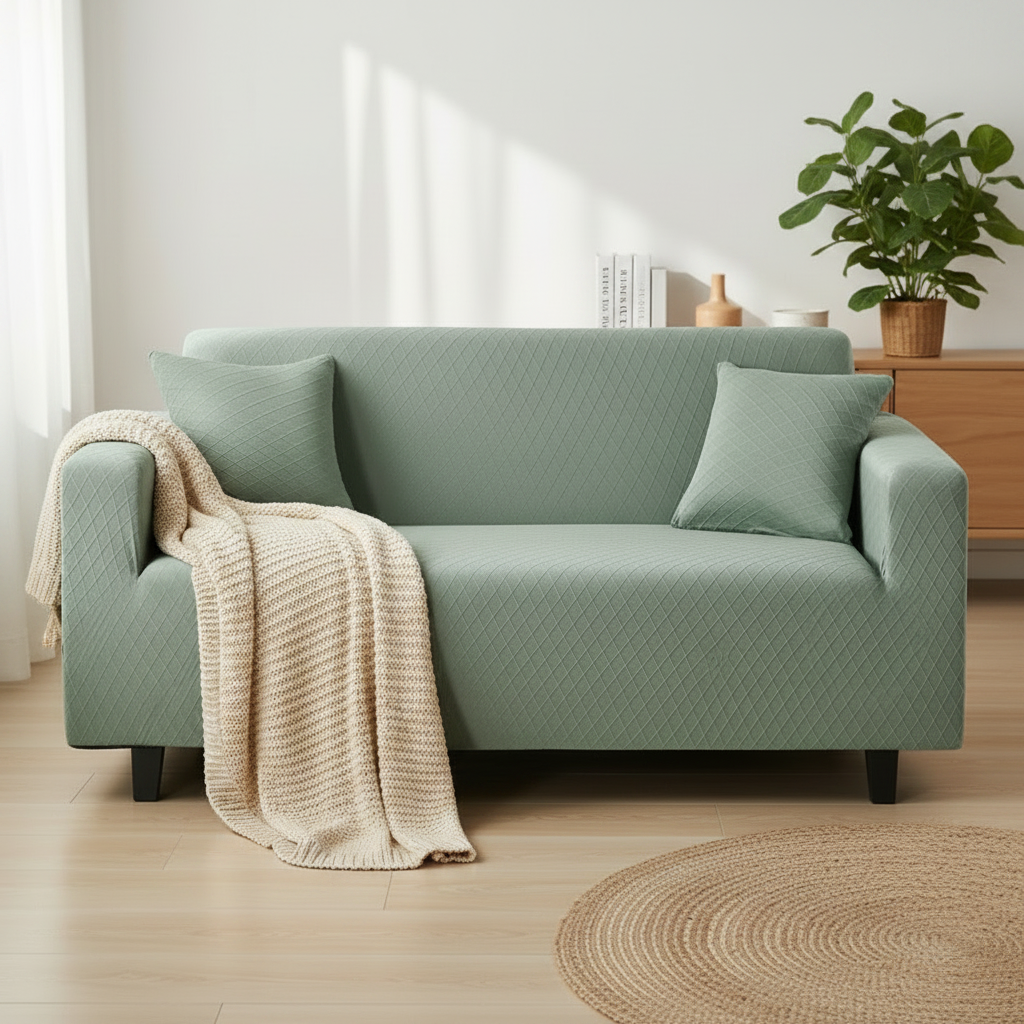 Wide Jacquard Couch Cover styled in a modern living room