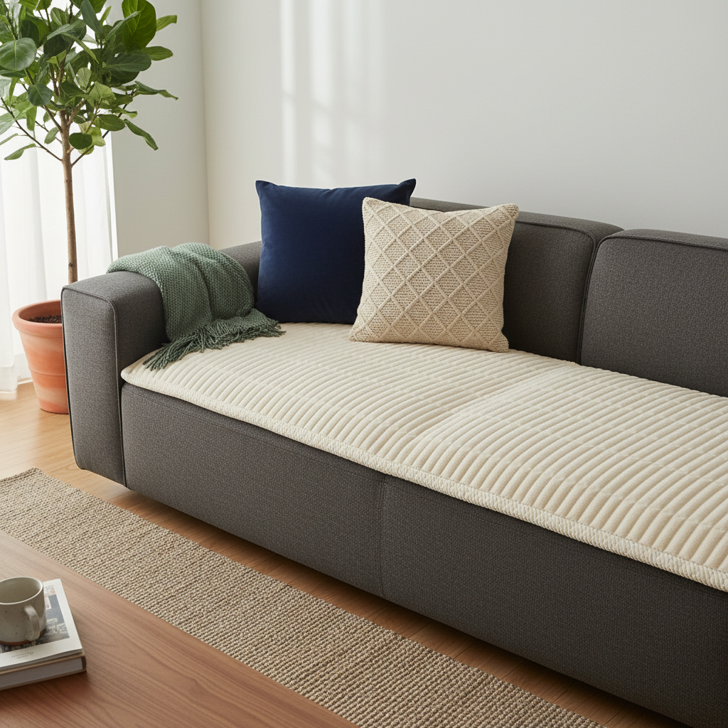 Cozy Microfiber Couch Cover - quilted seat protector pad on sofa in styled living room